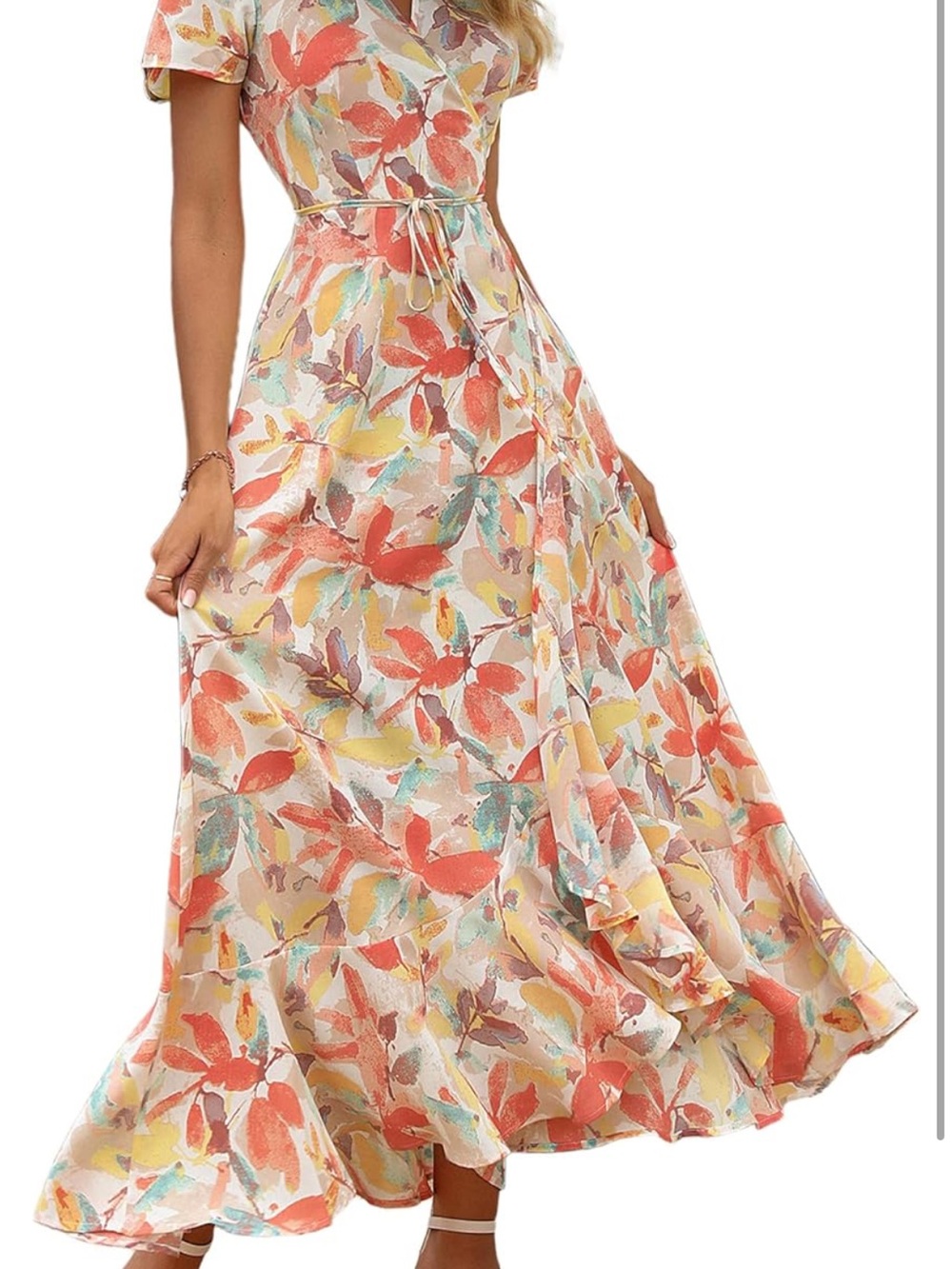 3/$30 Floral Watercolor Maxi Wrap Dress in Coral Multi